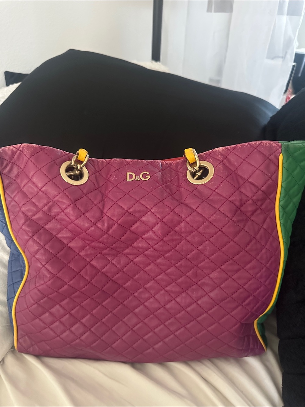 D&G Quilted Purple Leather Tote with Green, Blue & Yellow Trim